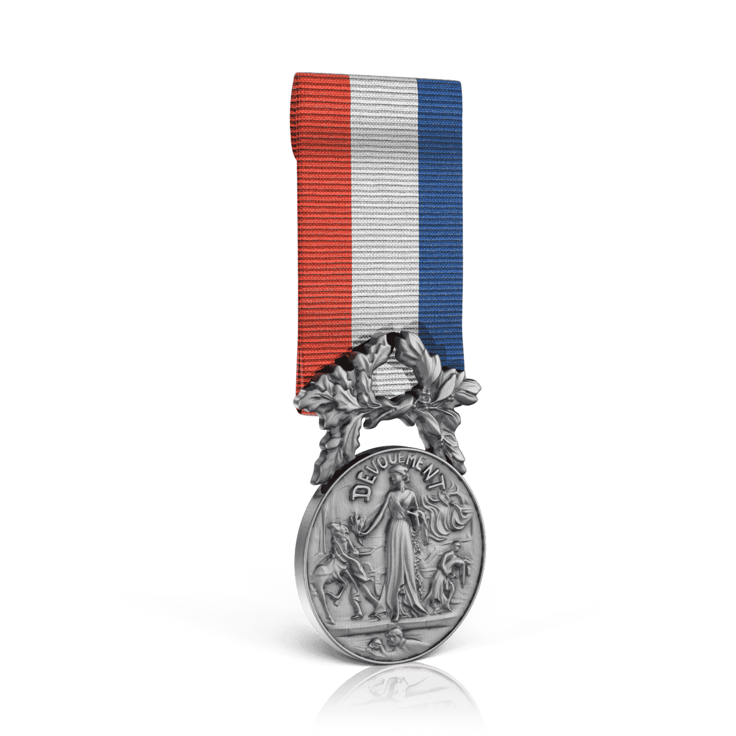 Médaille Courage et Dévouement 2ème classe avec ruban tricolore, face avec allégorie et couronne
