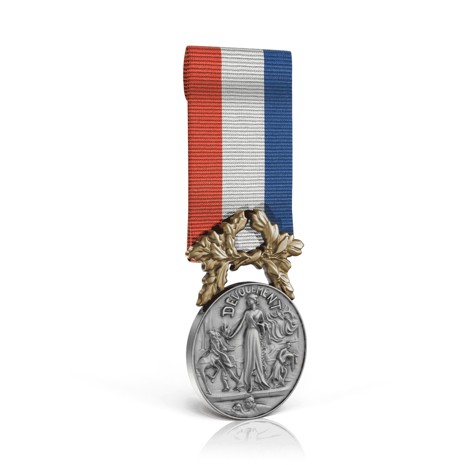 Médaille Courage et Dévouement 1ère classe avec ruban tricolore, face avec allégorie et couronne